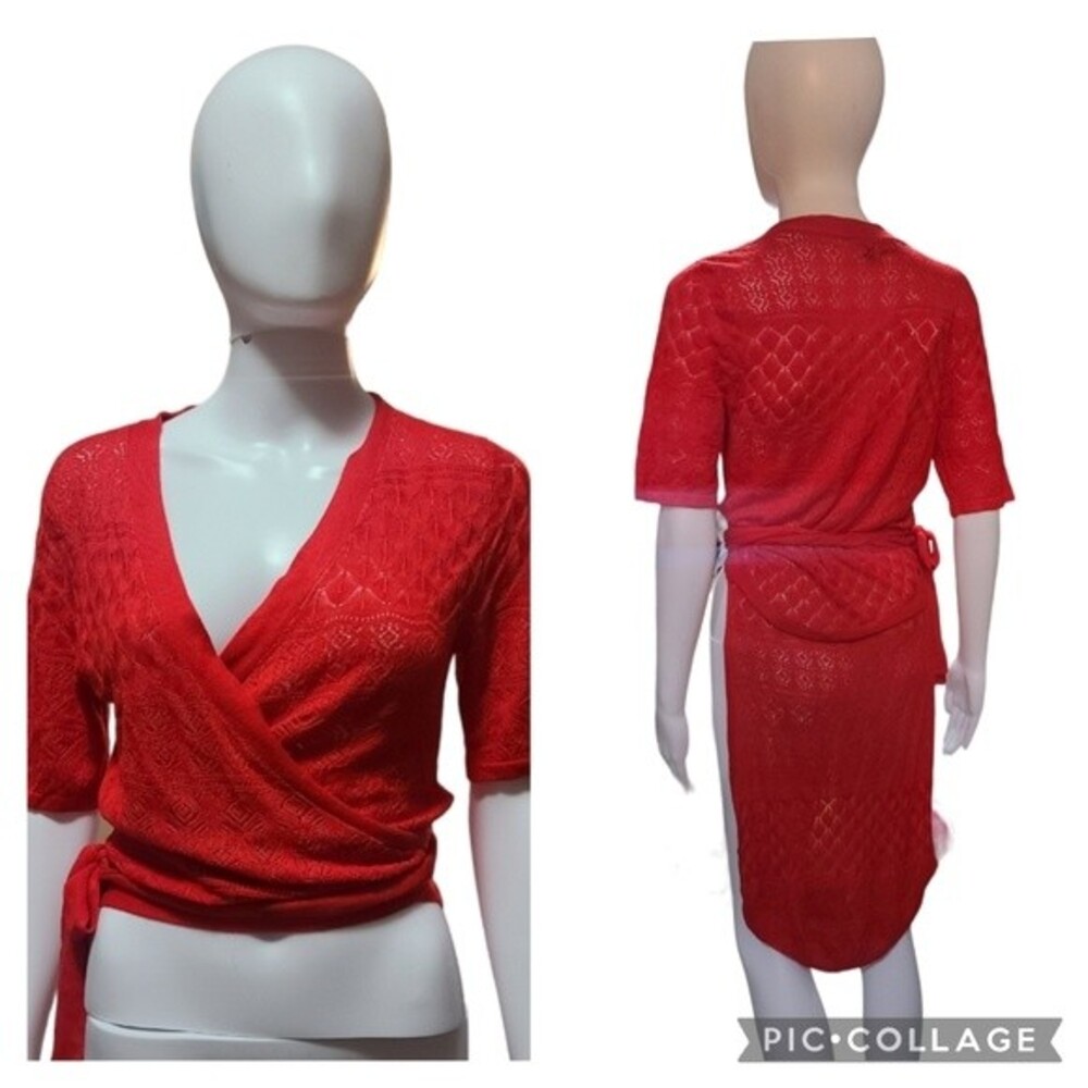 New York & Co red knit wrap top high low design Medium